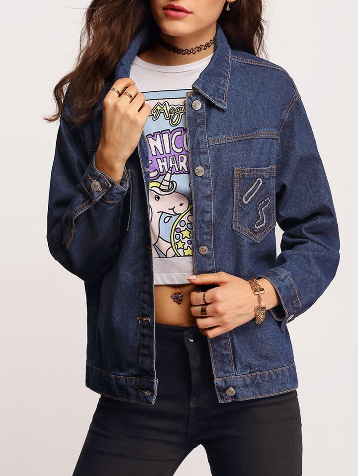 Romwe Embroidered Pockets Denim Jacket