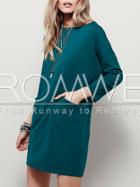 Romwe Dark Green Crew Neck Pockets Casual Dress