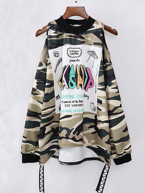 Romwe Letter Print Camouflage Hollow Sweatshirt