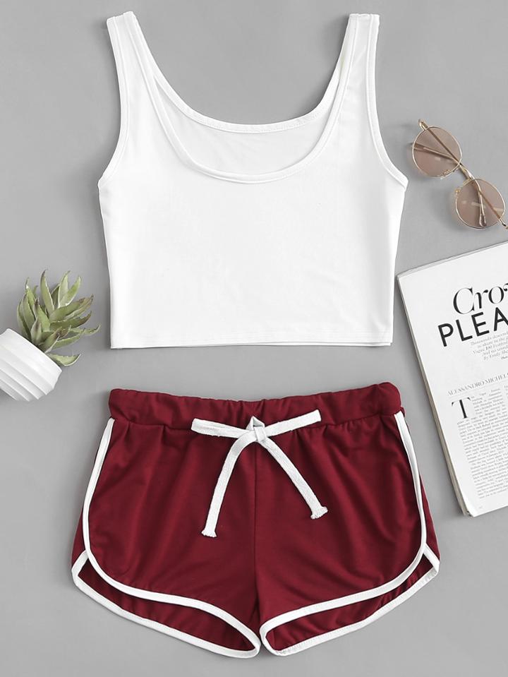 Romwe Scoop Neck Top With Drawstring Shorts