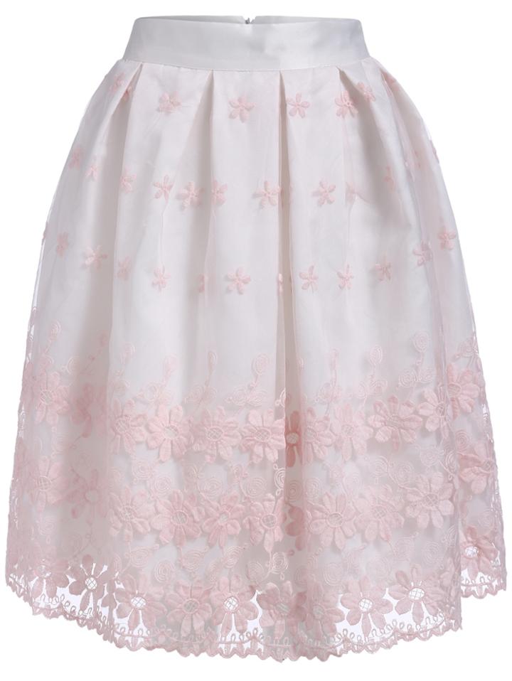 Romwe Flower Embroidered With Zipper Organza Pink Skirt