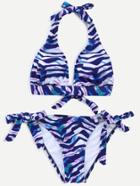 Romwe Blue Halter Tribal Print Tie Side Bikini Set