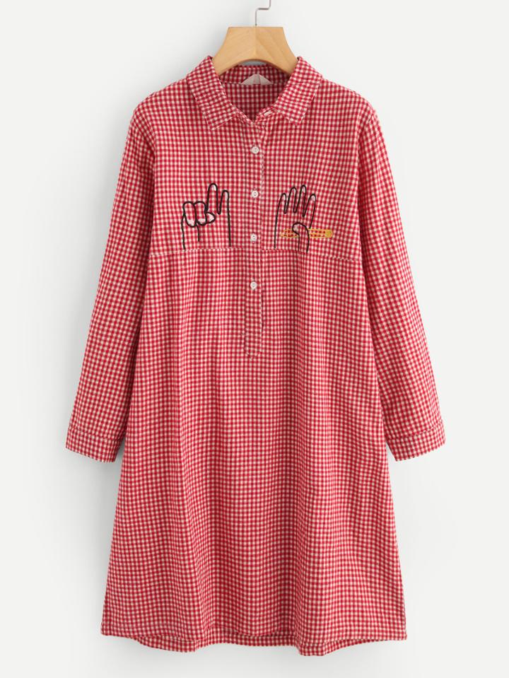 Romwe Embroidery Detail Gingham Shirt Dress
