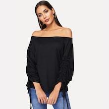 Romwe Shirred Drawstring Sleeve Solid Bardot Sweatshirt