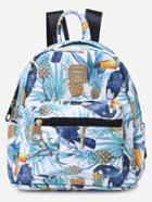 Romwe Blue Faux Leather Watercolor Parrot Print Backpack