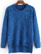 Romwe Dip Hem Diamond Split Blue Sweater