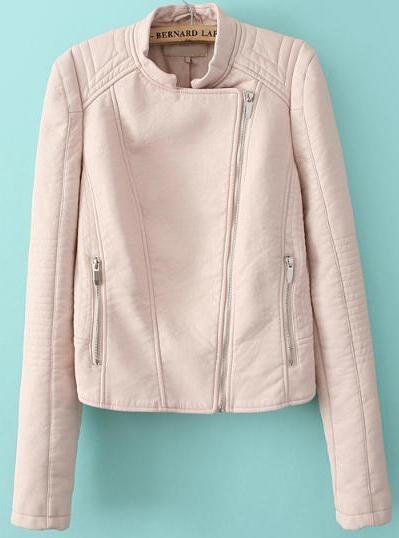 Romwe Oblique Zipper Pockets Crop Pink Jacket