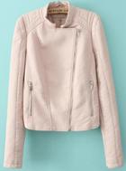 Romwe Oblique Zipper Pockets Crop Pink Jacket
