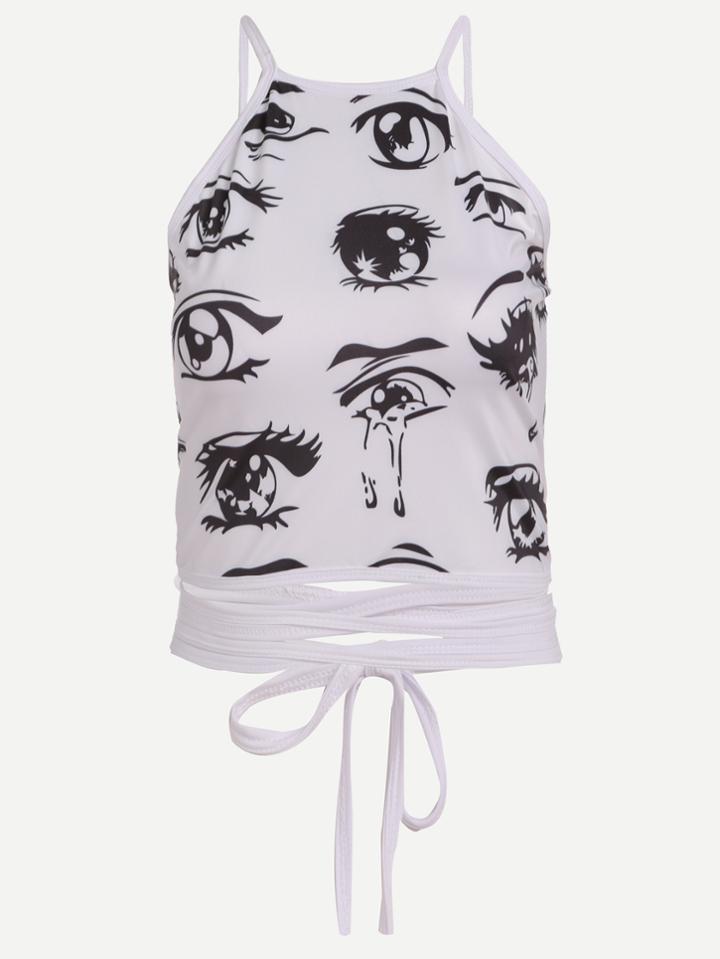 Romwe Cartoon Eyes Print Open Back Crisscross Lace Up Top
