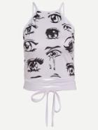 Romwe Cartoon Eyes Print Open Back Crisscross Lace Up Top
