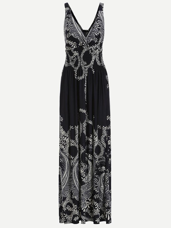 Romwe Navy V Neck Shirred Waist Paisley Print Dress
