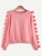 Romwe Pink Raglan Sleeve Pom Pom Sweatshirt