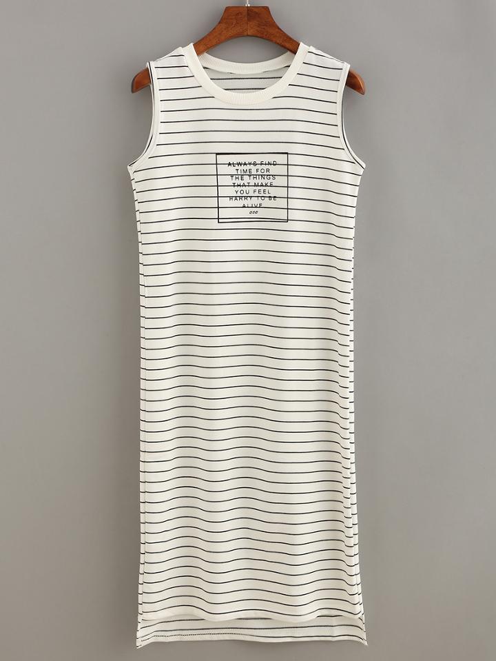 Romwe Ribbed Neck Letter Print Striped Tank Dress - White