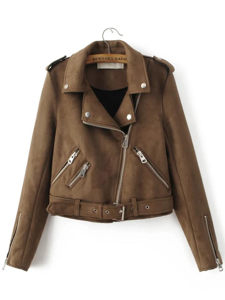 Romwe Brown Oblique Zipper Suede Jacket With Buckle