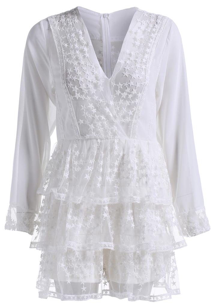 Romwe V Neck Lace Embroidered Ruffle Jumpsuit