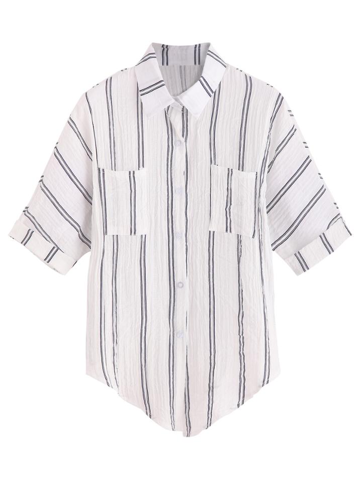 Romwe White Striped Knot Front Pockets Cuffed Blouse