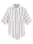 Romwe White Striped Knot Front Pockets Cuffed Blouse