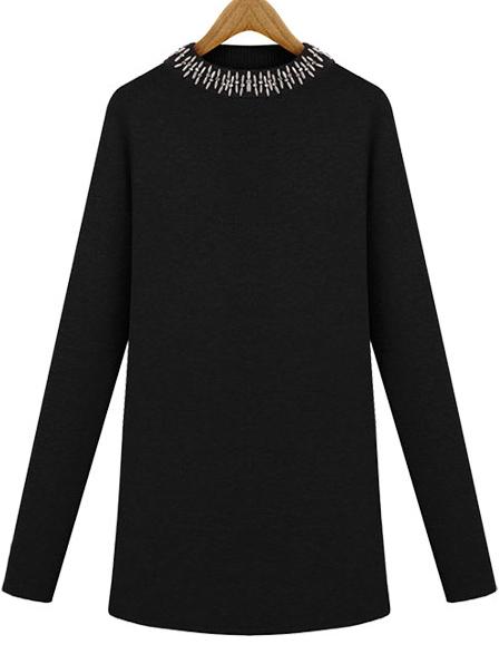 Romwe Mock Neck Bead Slim Black Sweater