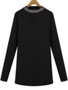 Romwe Mock Neck Bead Slim Black Sweater