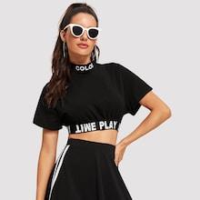 Romwe Letter Print Tape Crop Tee