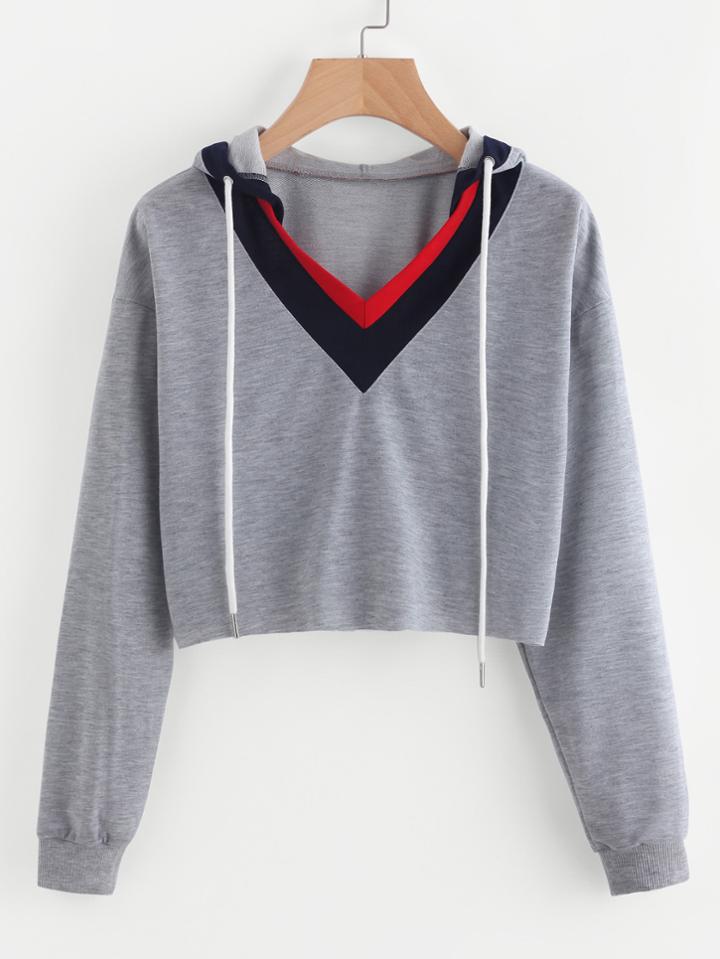 Romwe Contrast Panel Raw Hem Crop Marled Hoodie
