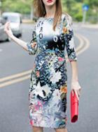 Romwe Floral Print Vintage Slim Dress