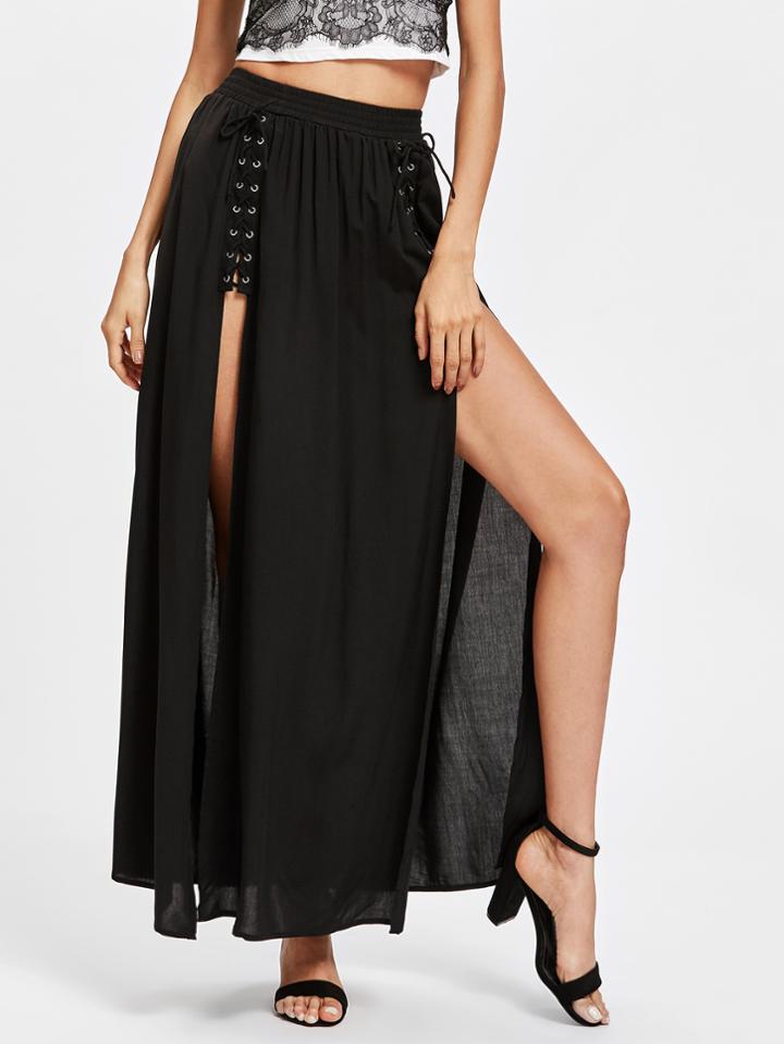 Romwe Grommet Lace Up M-slit Skirt