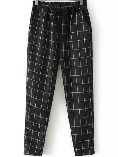 Romwe Elastic Waist Drawstring Plaid Black Pant