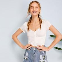 Romwe Solid Ruched V-neck Crop Top