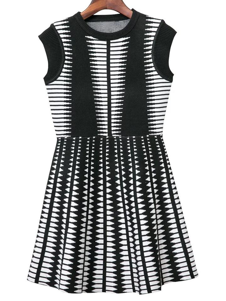 Romwe Black White Geometric Pattern Sleeveless Knit Dress