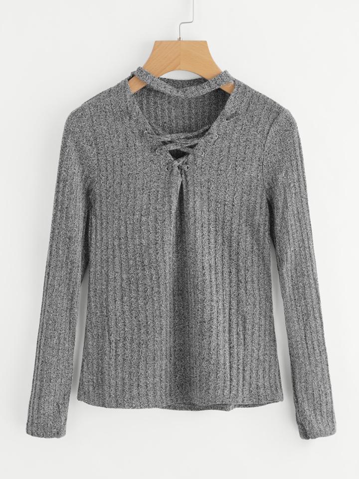 Romwe Lace Up Choker Neck Slub Jumper