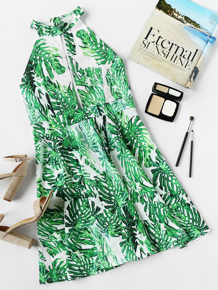 Romwe Halter Neck Printed Random Open Front Backless Dress