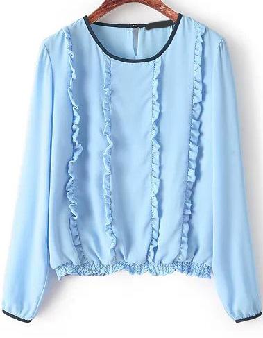 Romwe Blue Long Sleeve Flouncing Crop Blouse