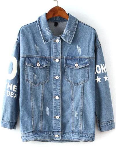 Romwe Lapel With Pockets Denim Letter Print Coat