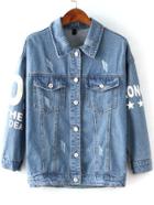 Romwe Lapel With Pockets Denim Letter Print Coat