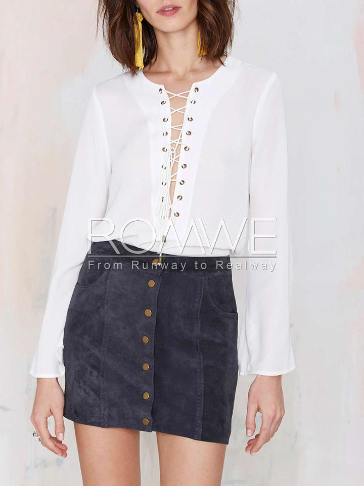 Romwe White Long Sleeve Lace Up Blouse