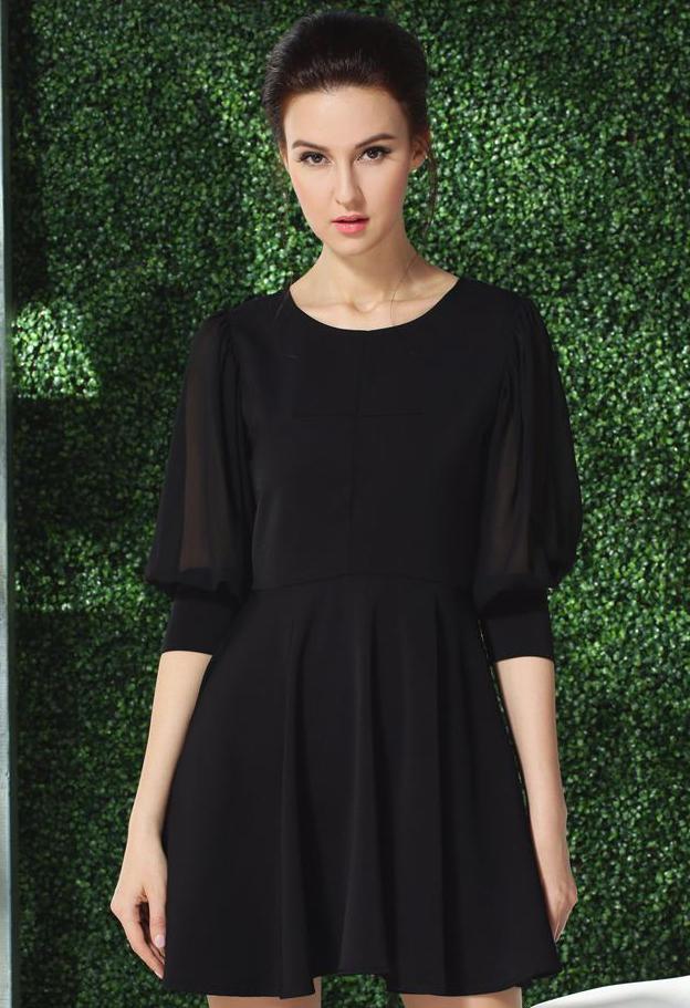 Romwe Puff Sleeve Chiffon Flare Dress