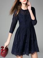Romwe Navy Embroidered Hollow A-line Dress