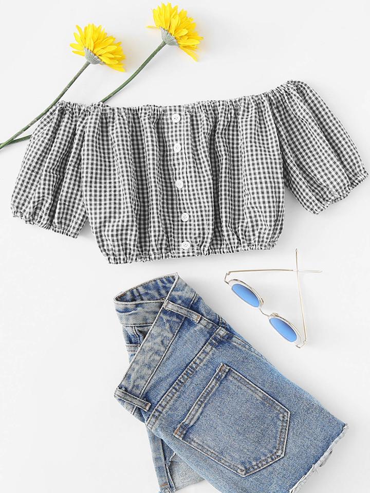 Romwe Off Shoulder Single Breasted Top