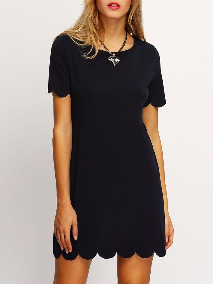 Romwe Black Scalloped Hem Keyhole Dress