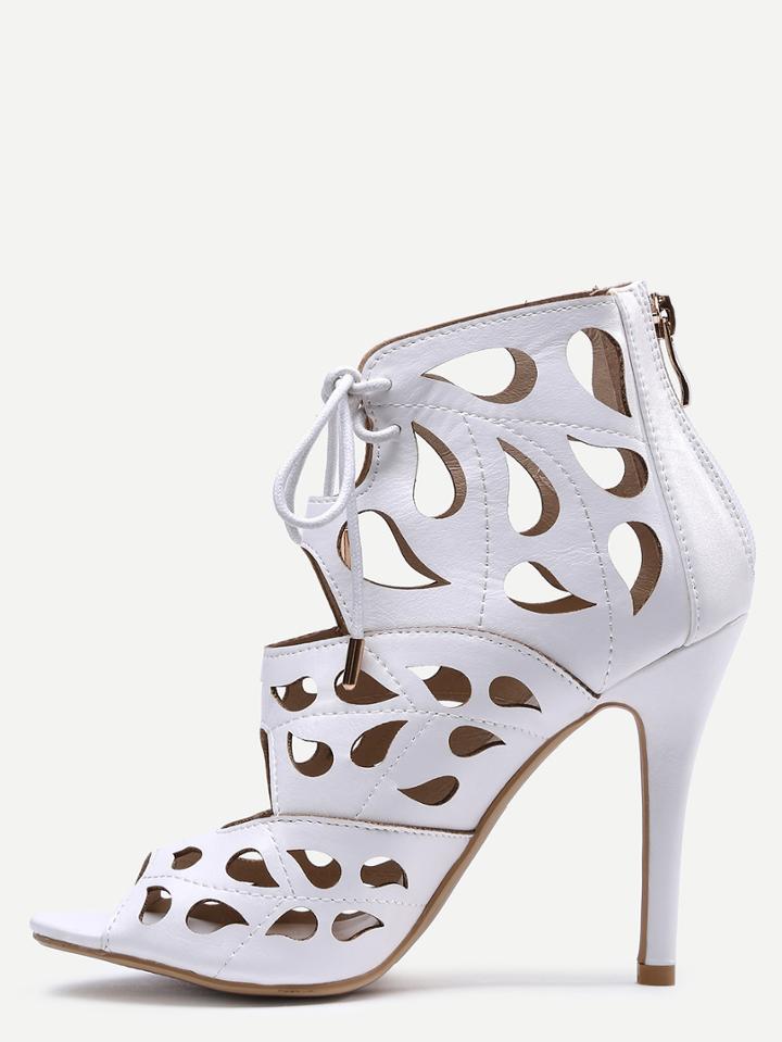 Romwe Laser Cut Peep Toe Lace-up Heeled Sandals - White