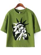 Romwe With Bead Statue Of Liberty Pattern Green T-shirt