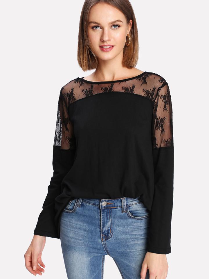 Romwe Mesh Insert Tie Back Tshirt