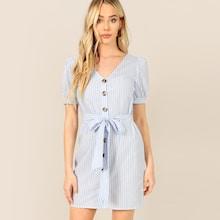 Romwe Button Up Vertical-stripe Dress