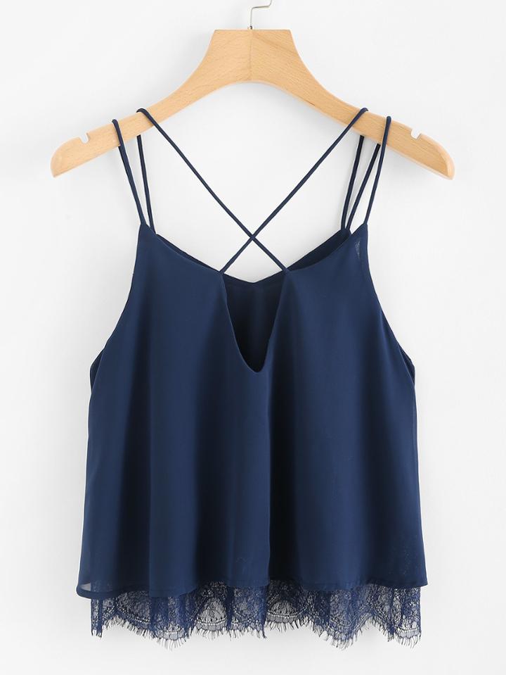 Romwe Lace Hem Cross Cami Top