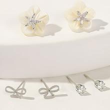Romwe Rhinestone Detail Flower & Bow Stud Earrings 3pairs