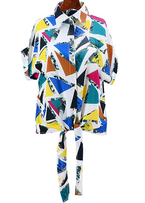 Romwe Lapel Geometric Print Knotted Blue Blouse