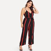 Romwe Plus Self Tie Waist Striped Jumpsuit