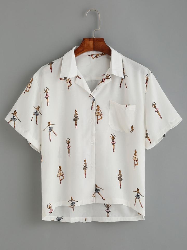 Romwe Beige Dancer Print High Low Blouse With Pocket