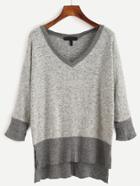 Romwe V Neck Contrast Hem Split Sweater